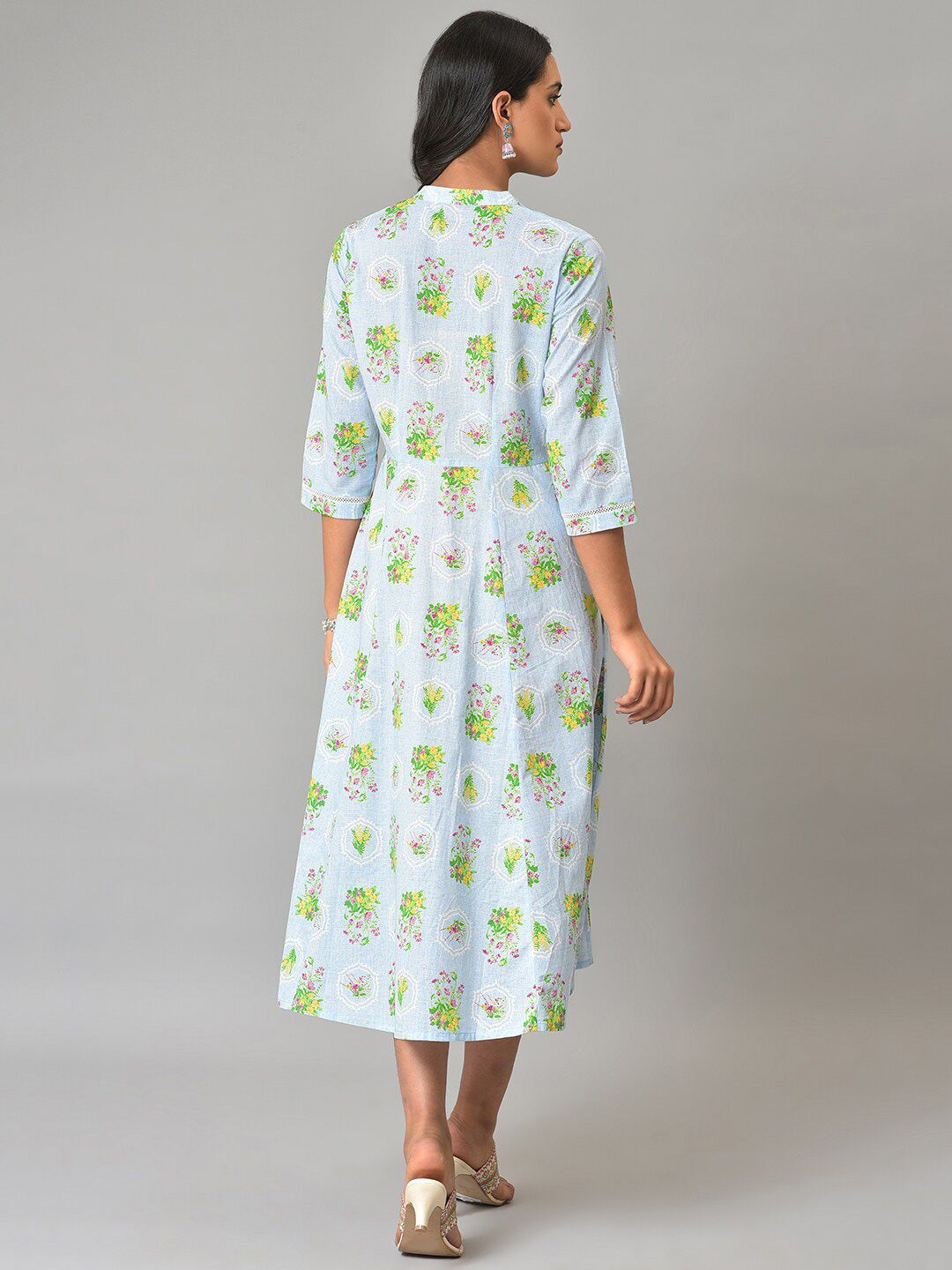 W Floral Printed Mandarin Collar A-Line Pure Cotton Midi Dress