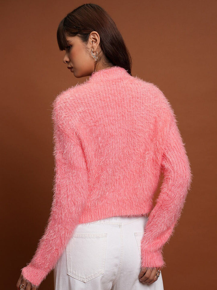 Tokyo Talkies Pink Self Design Acrylic Pullover