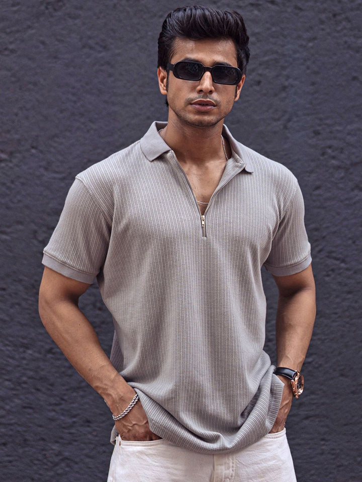 Powerlook Men Self Design Zip Closure T-shirt