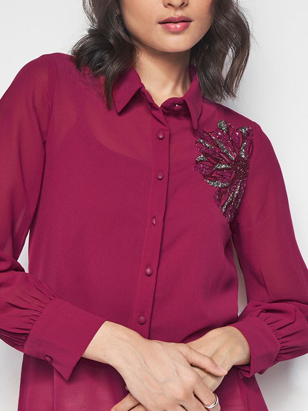 AND Spread Collar Embellished Detail Shirt Style Top