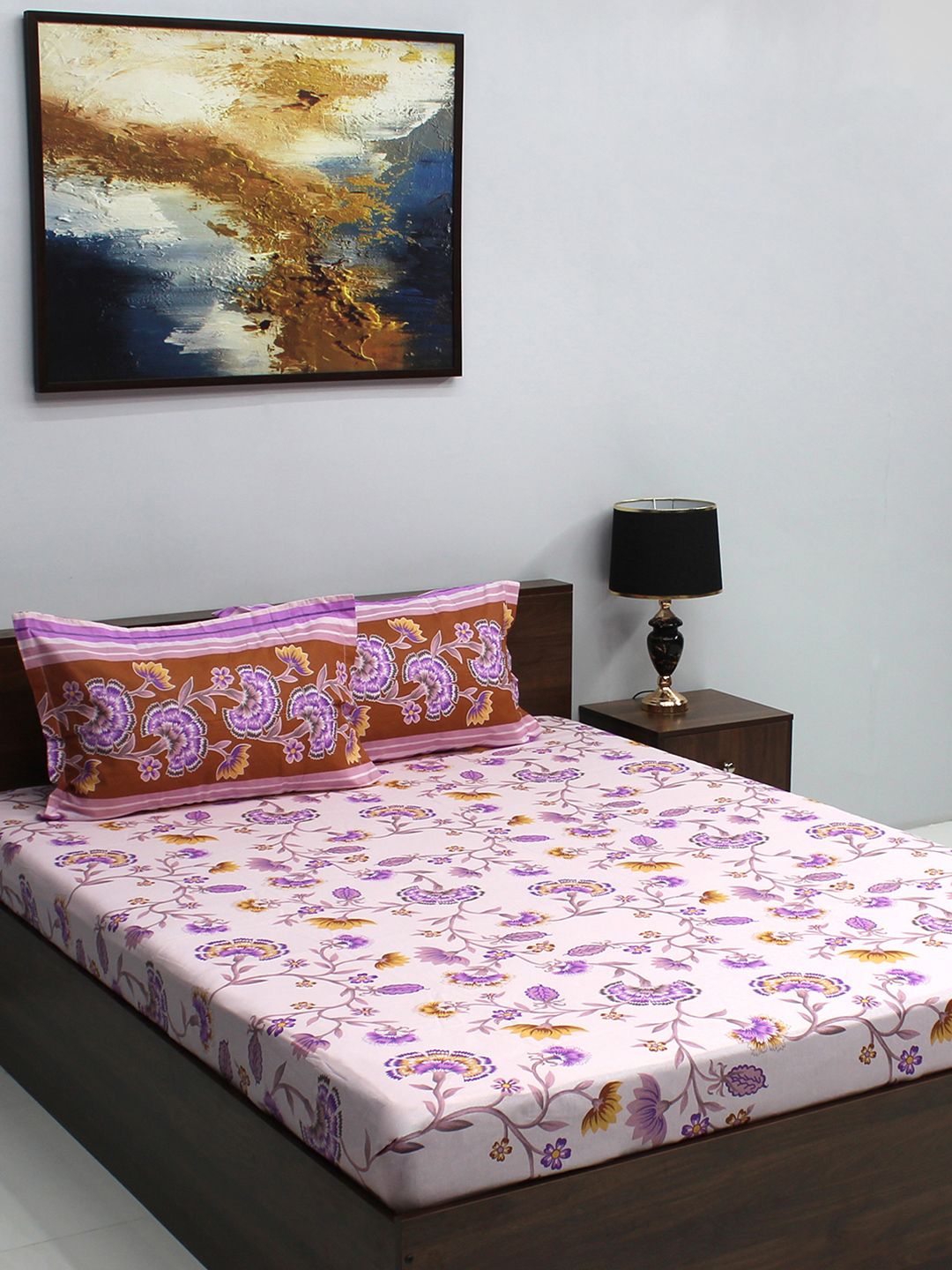 BOMBAY DYEING Ivyrose Blue & Green Floral Cotton 110 TC Queen Bedsheet & 2 Pillow Covers