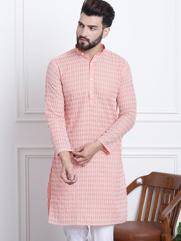 SOJANYA Kolar Mandarin Sulam Bunga Pure Cotton Kurta Lurus