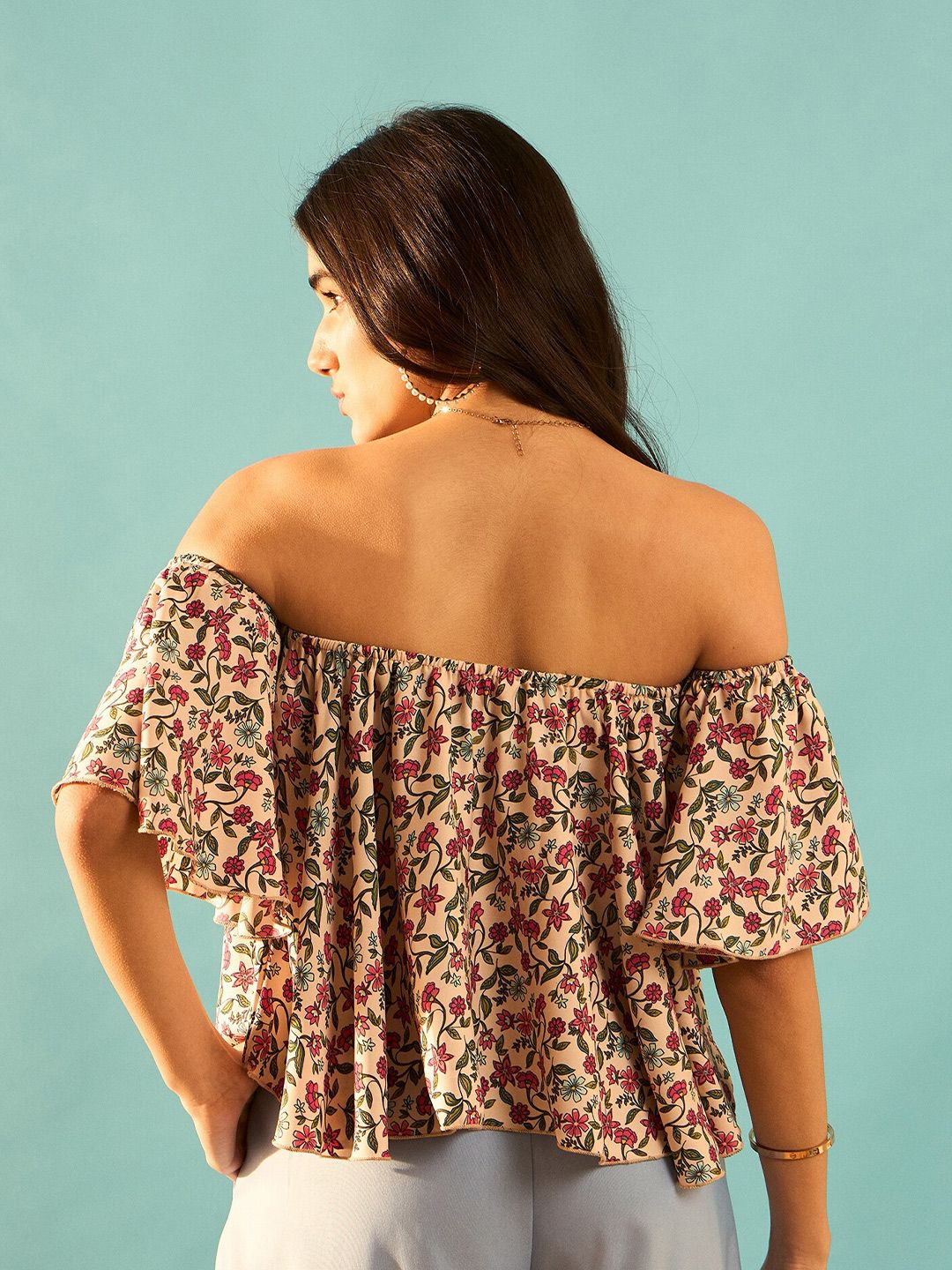 Berrylush Curve Pink Floral Printed Off  Shoulder Flared Sleeve Bardot Top