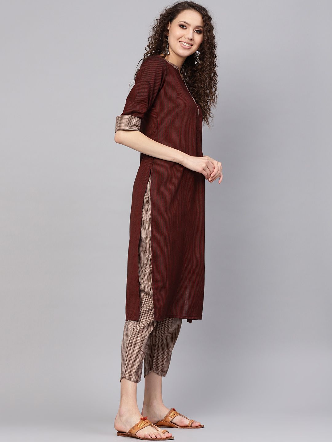 Gerua By Libas Women Brown  Maroon Striped Kurta with Trousers