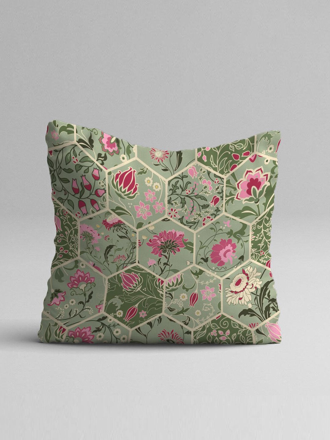 STITCHNEST Green & Yellow Set of 2 Floral Square Cushion Covers