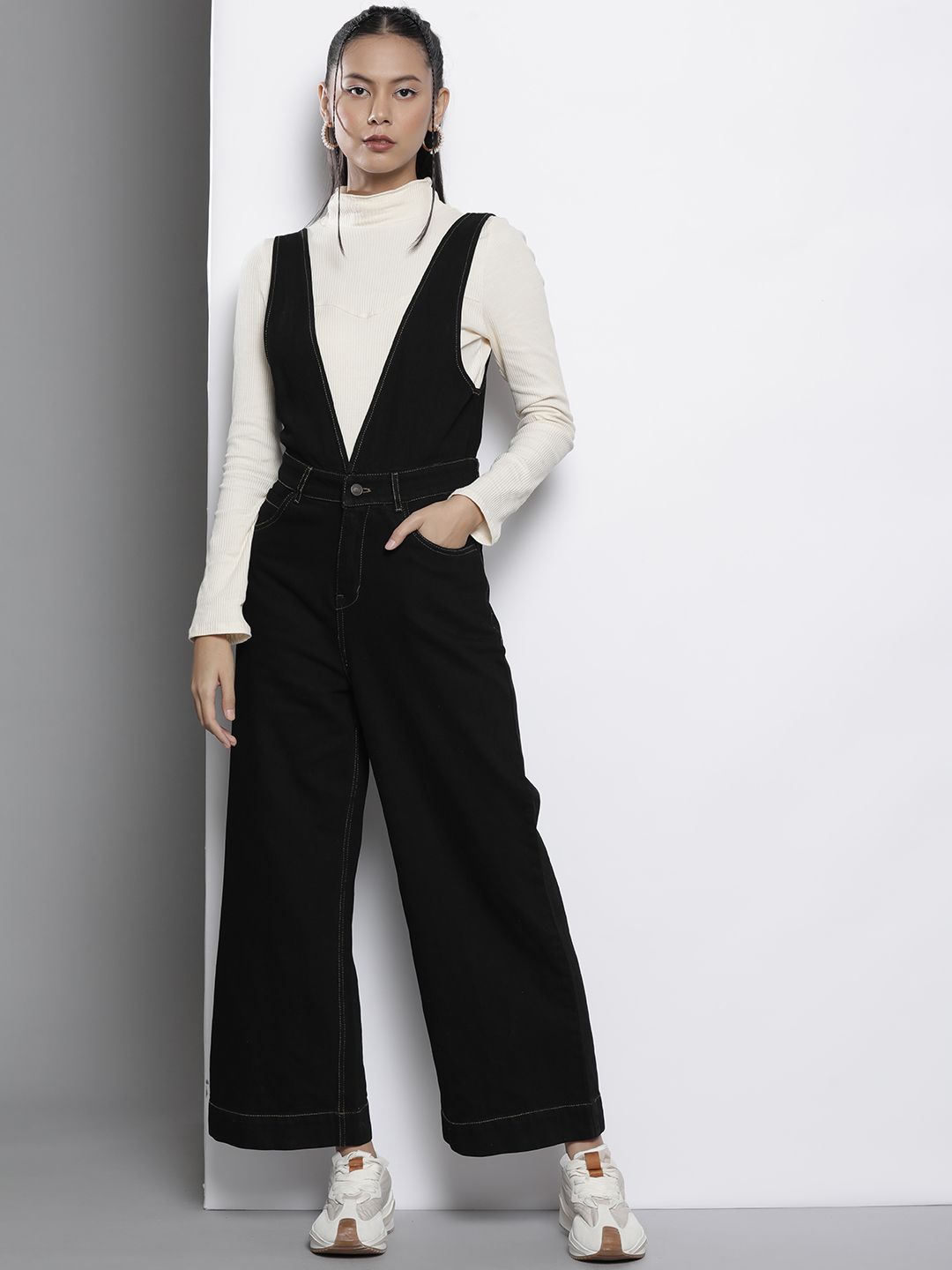 SASSAFRAS Black Deep V-Neck Cotton Denim Flared Leg Jumpsuit
