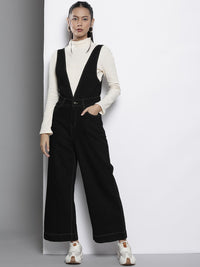 SASSAFRAS Black Deep V-Neck Cotton Denim Flared Leg Jumpsuit