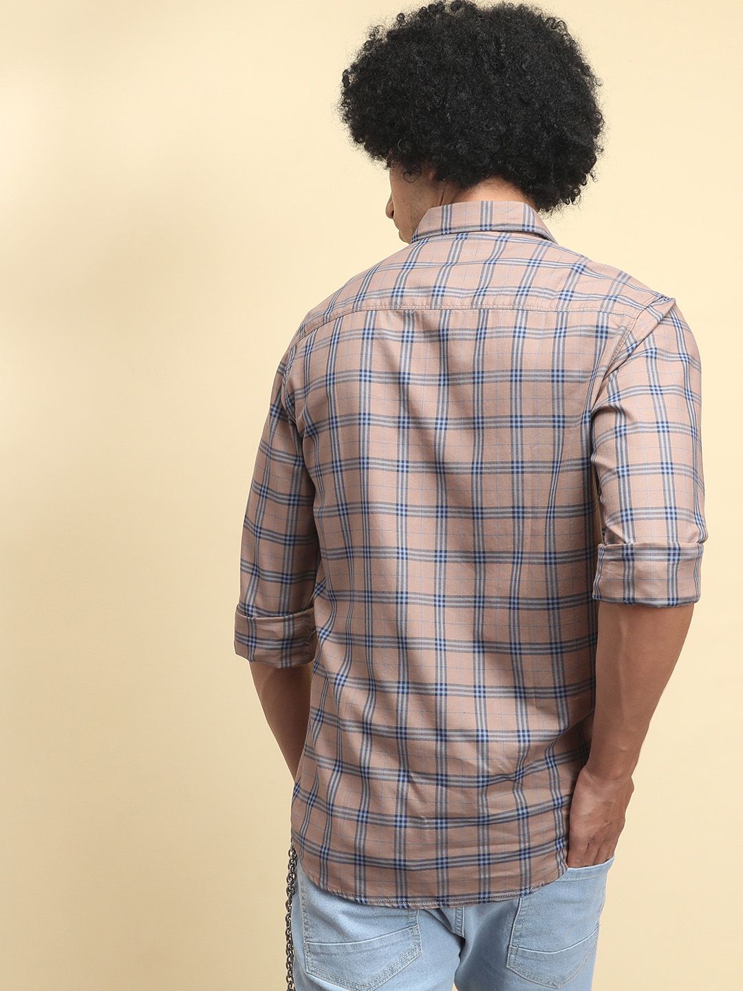 The Indian Garage Co Men Beige & Navy Blue Slim Fit Printed Casual Shirt