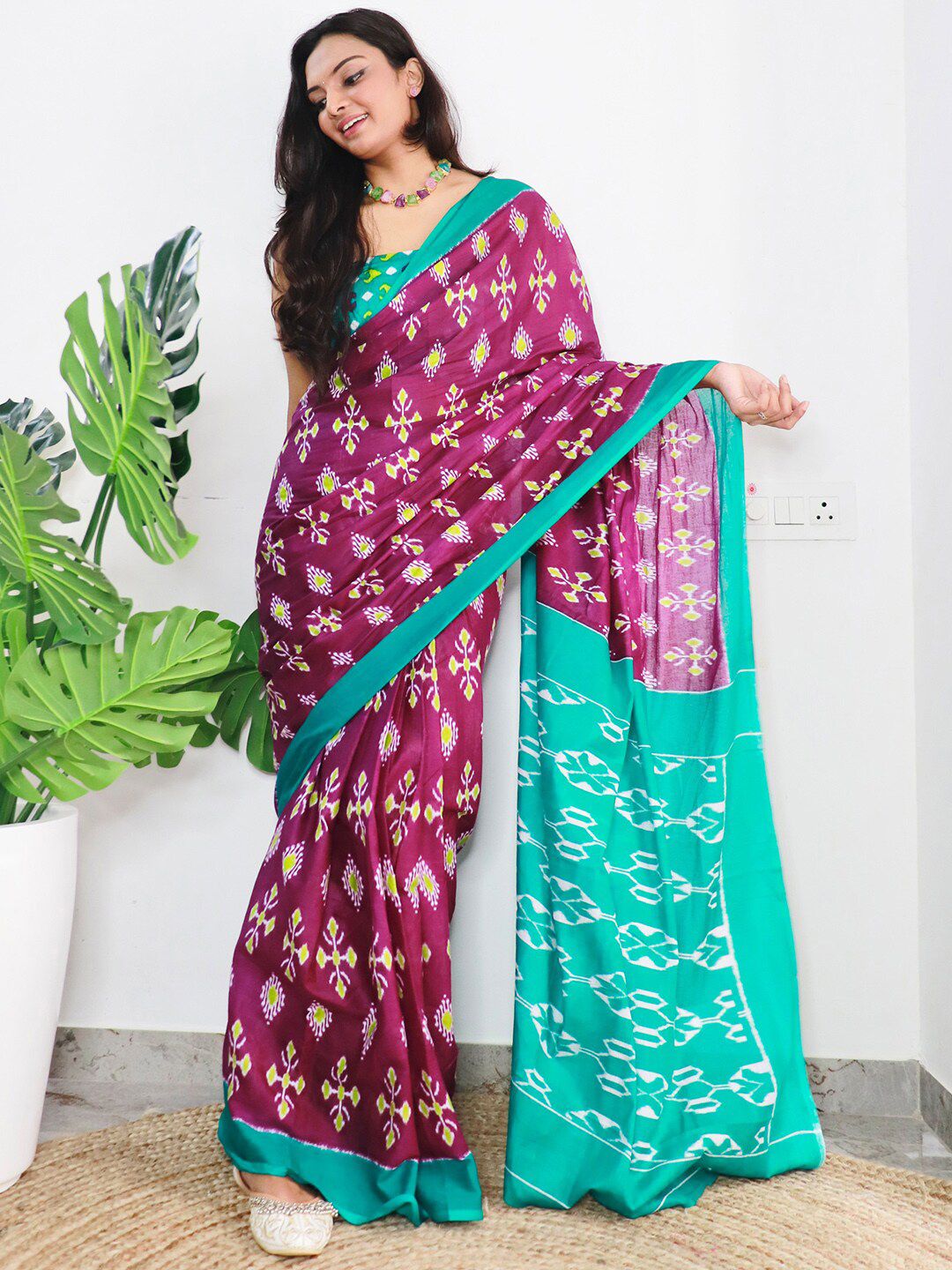 Saree mall Ethnic Motifs Poly Cotton Ikat Ready to Wear Saree