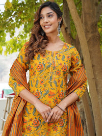 KALINI Floral Printed Gotta Patti Pure Cotton Kurta with Trousers & Dupatta