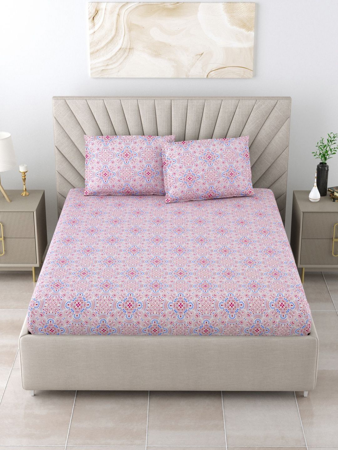 BOMBAY DYEING Epigram Pink Printed Pure Cotton 120 TC Queen Bedsheet Set 2.24 m X 2.54 m