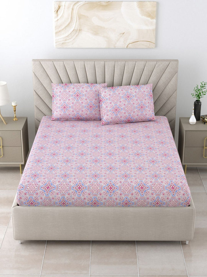 BOMBAY DYEING Epigram Pink Printed Pure Cotton 120 TC Queen Bedsheet Set 2.24 m X 2.54 m