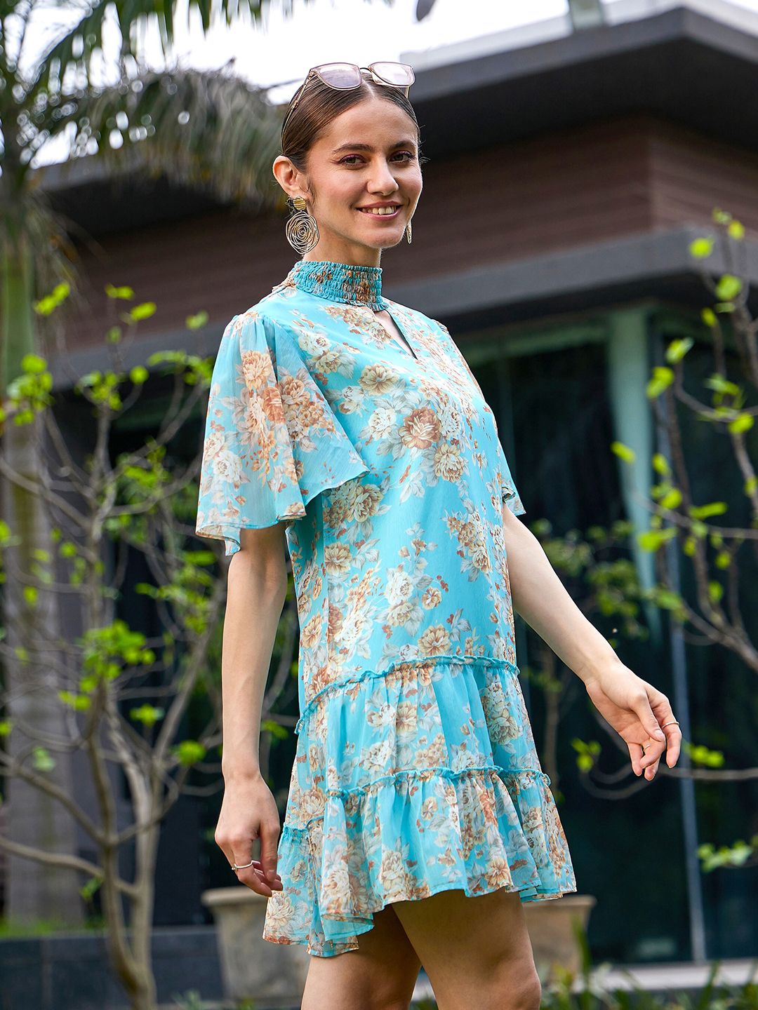 SASSAFRAS Floral Print Flared Sleeve Georgette A-Line Dress