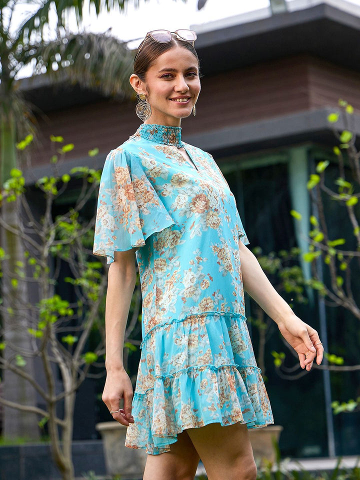 SASSAFRAS Floral Print Flared Sleeve Georgette A-Line Dress