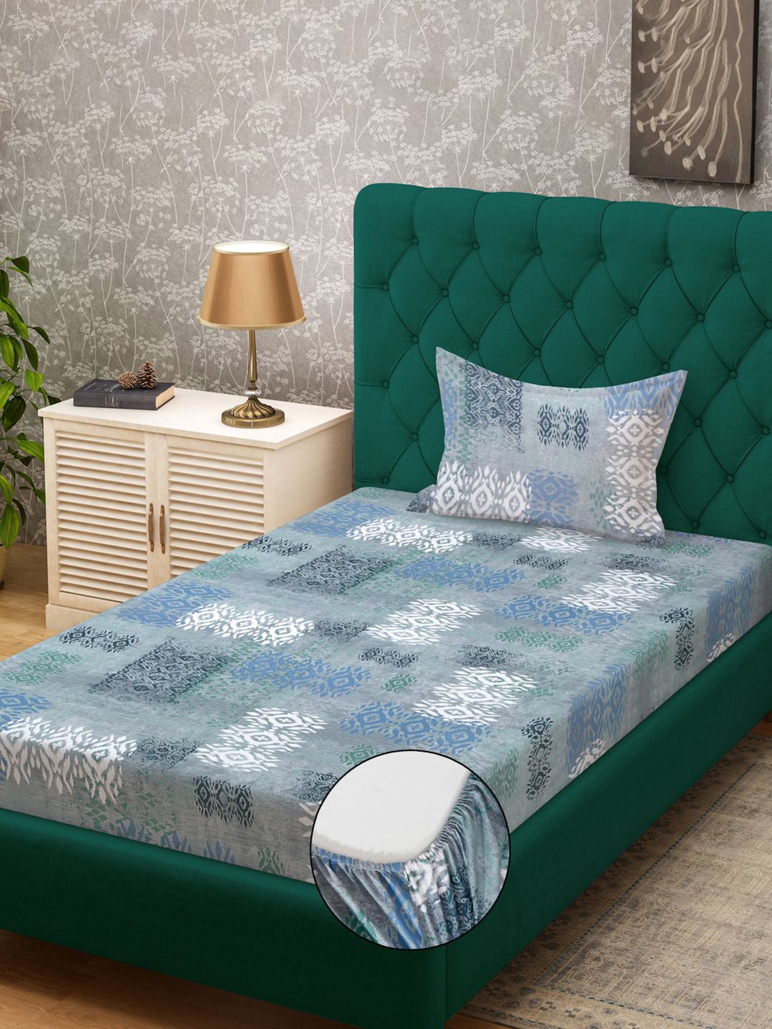 KLOTTHE Blue Geometric Printed Pure Cotton Dilengkapi 400 TC Single Cadar Dengan Sarung Bantal