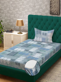 KLOTTHE Blue Geometric Printed Pure Cotton Dilengkapi 400 TC Single Cadar Dengan Sarung Bantal