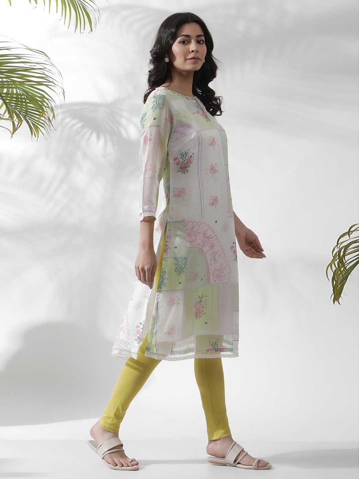 W Floral Printed Keyhole Neck Beads and Stones Kurta