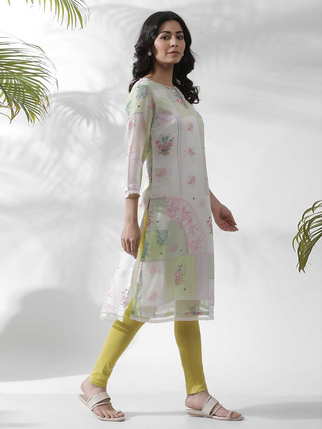 W Floral Printed Keyhole Neck Beads and Stones Kurta