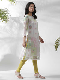 W Floral Printed Keyhole Neck Beads and Stones Kurta