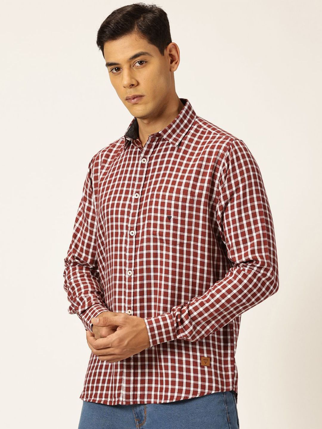 Thomas Scott Men Premium Slim Fit Gingham Checked Spread Collar Casual Shirt