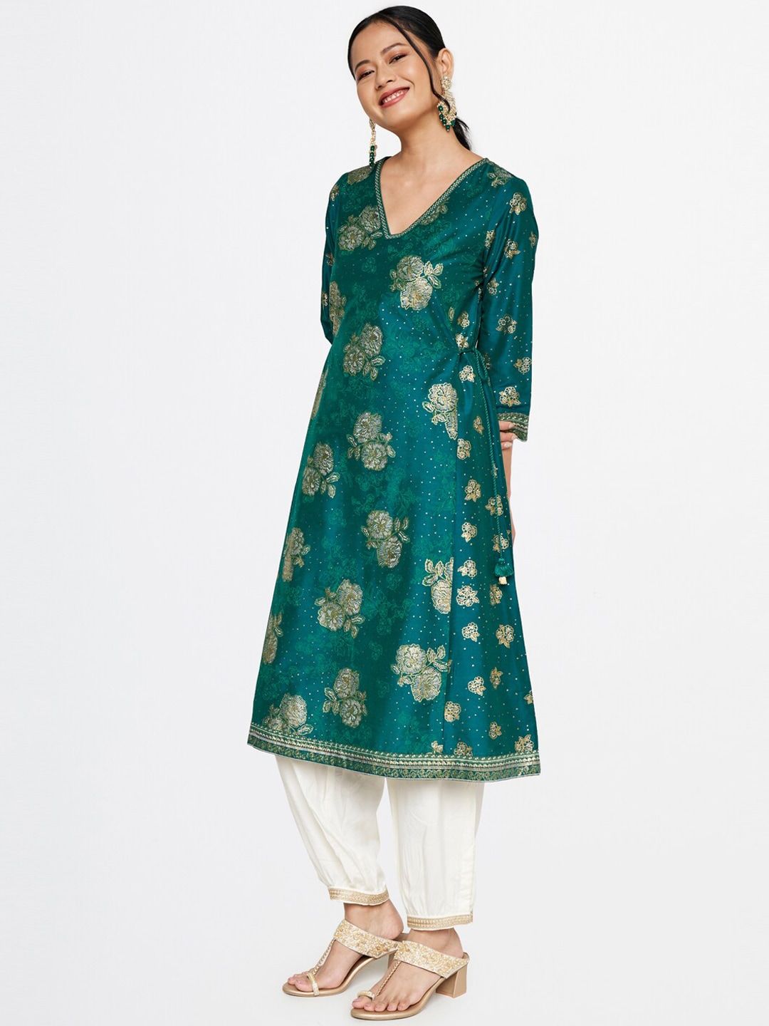 Global Desi V-Neck Floral Printed Anarkali Kurta