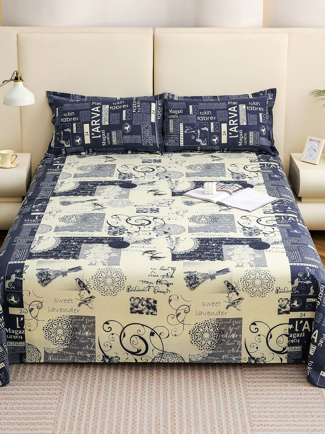 Story@home Blue Cream-Coloured Flat Cotton 210 TC 1 King Bedsheet with 2 Pillow Covers