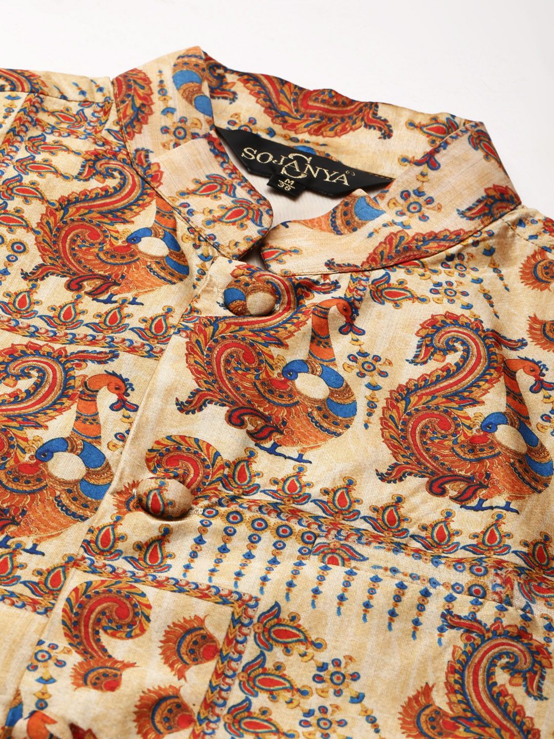 SOJANYA Men Beige Striped Kurta with Pyjamas & Nehru Jacket
