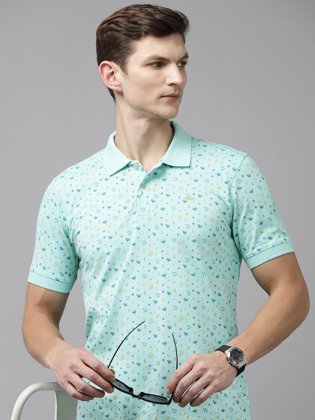 Park Avenue Floral Printed Polo Collar Slim Fit Casual T-shirt