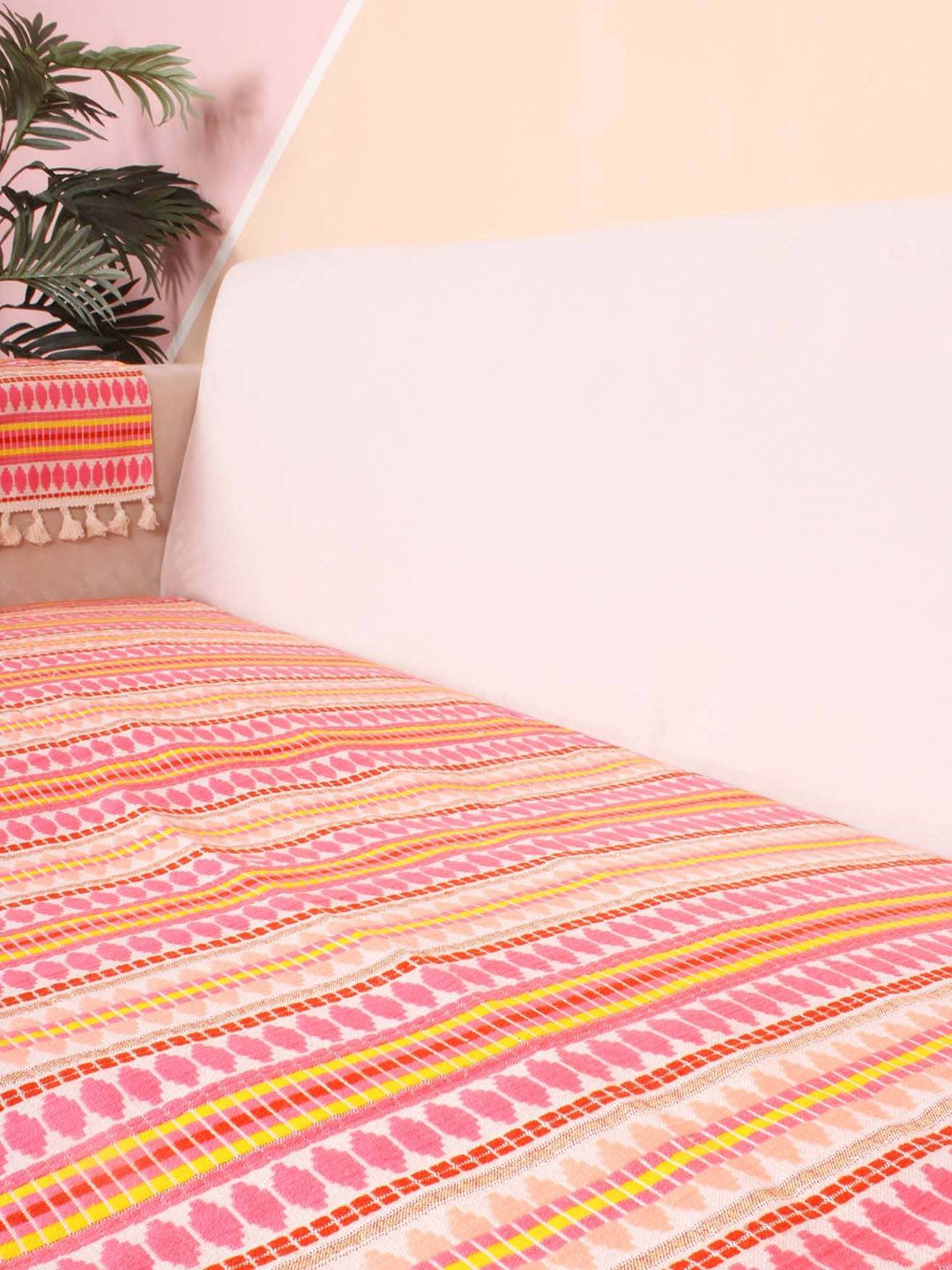 STITCHNEST Pink & Yellow Jacquard Printed 1-Seater Sofa Cover