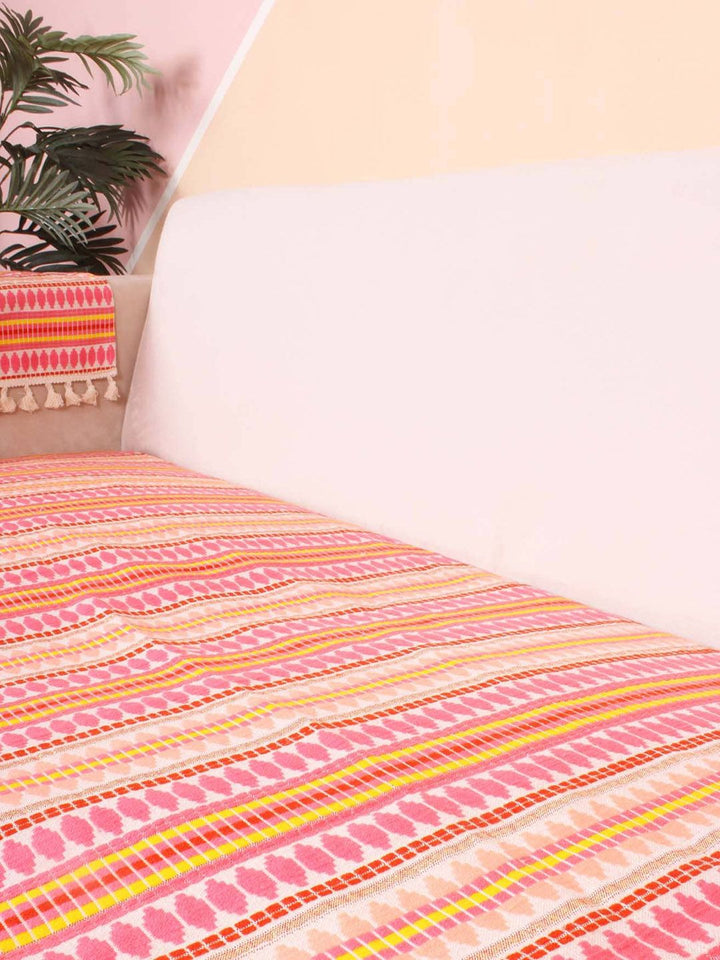 STITCHNEST Pink & Yellow Jacquard Printed 1-Seater Sofa Cover