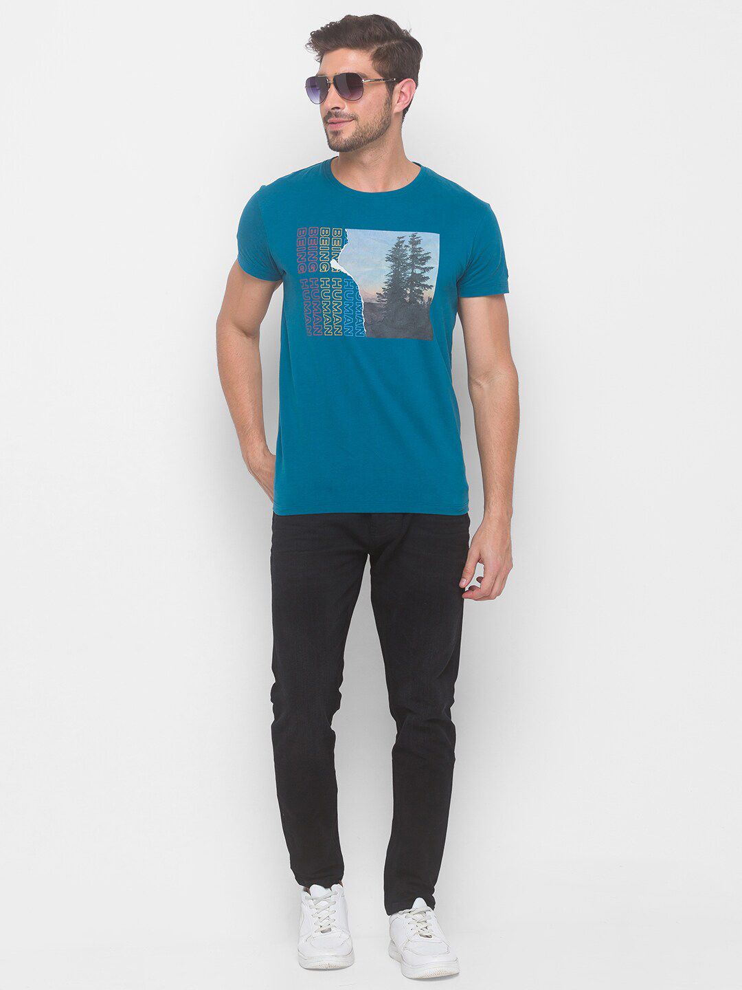 Being Human Men Blue & Yellow Printed Round Neck Cotton T-shirt