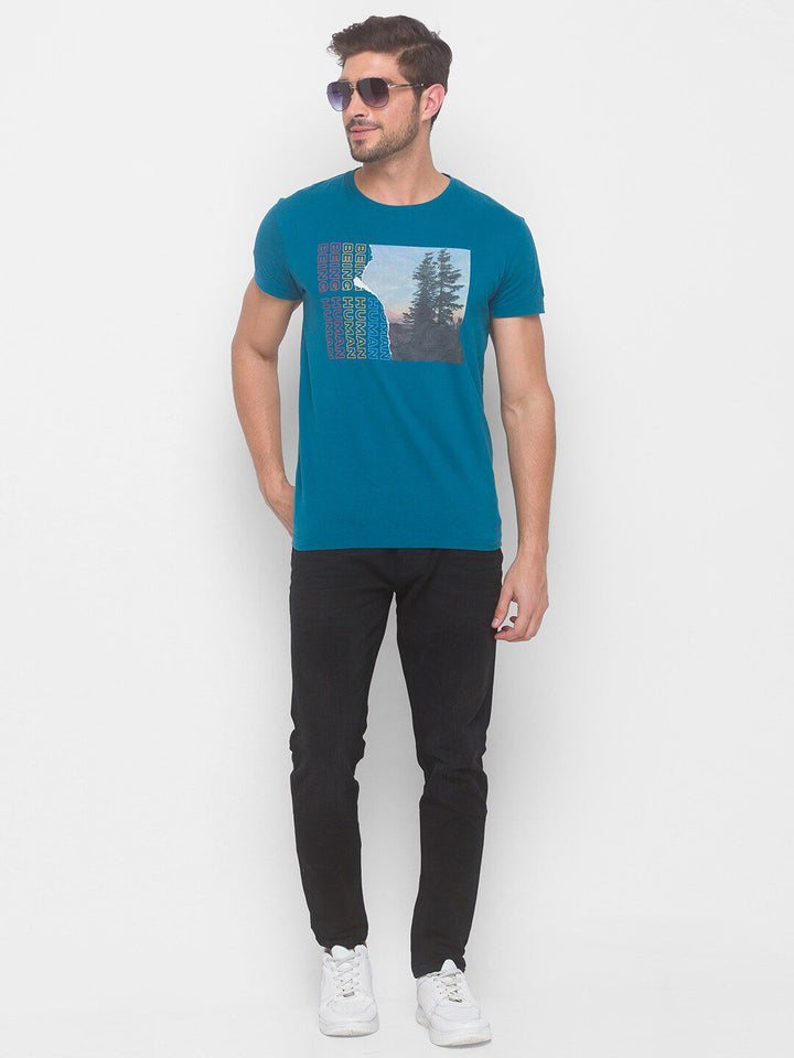 Being Human Men Blue & Yellow Printed Round Neck Cotton T-shirt