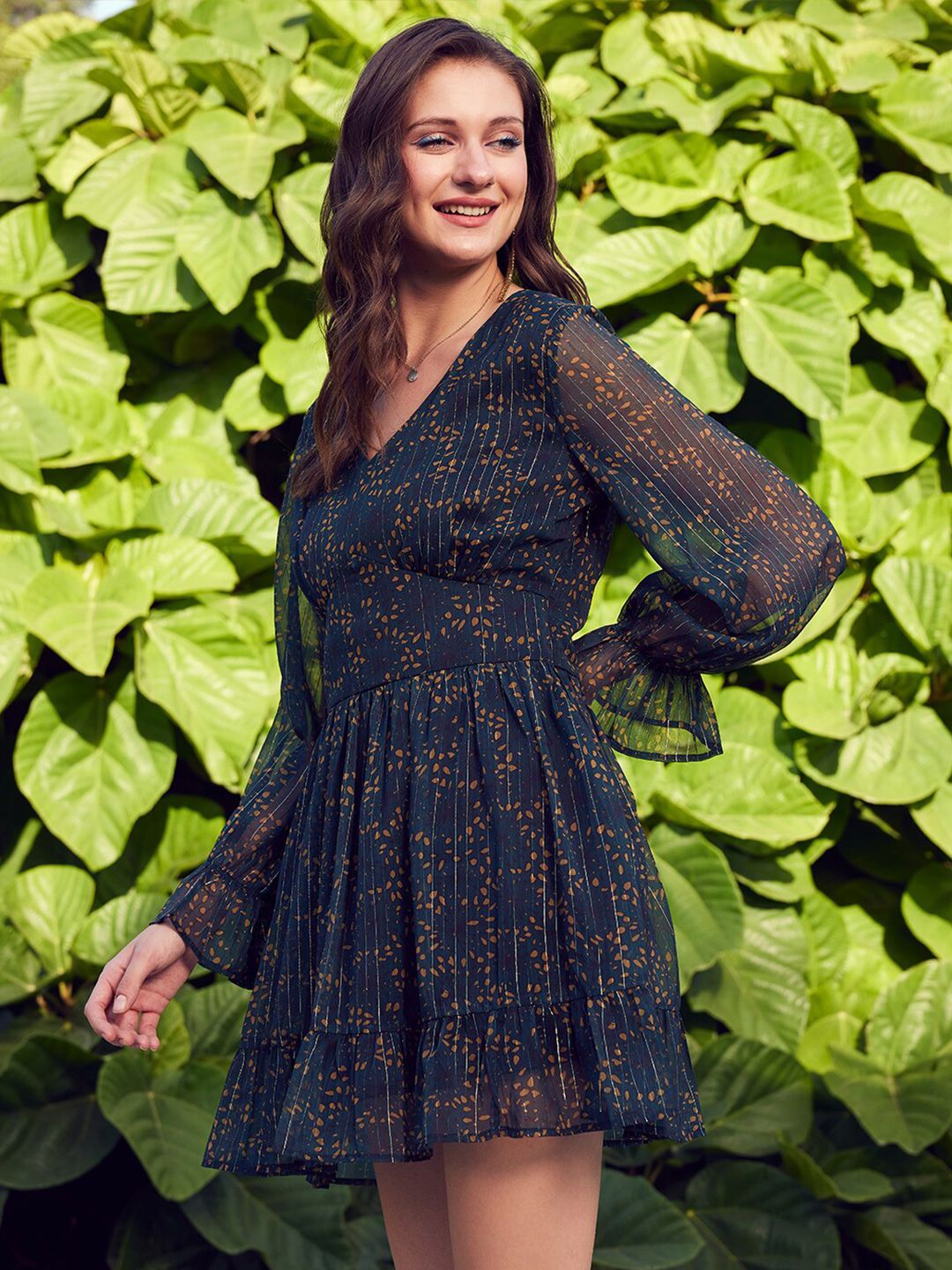 STREET 9 Green & Orange Floral Printed Fit & Flare Dress