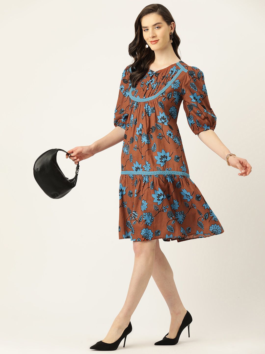 Antheaa Floral Print Puff Sleeve Cotton A-Line Dress