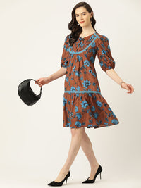 Antheaa Floral Print Puff Sleeve Cotton A-Line Dress