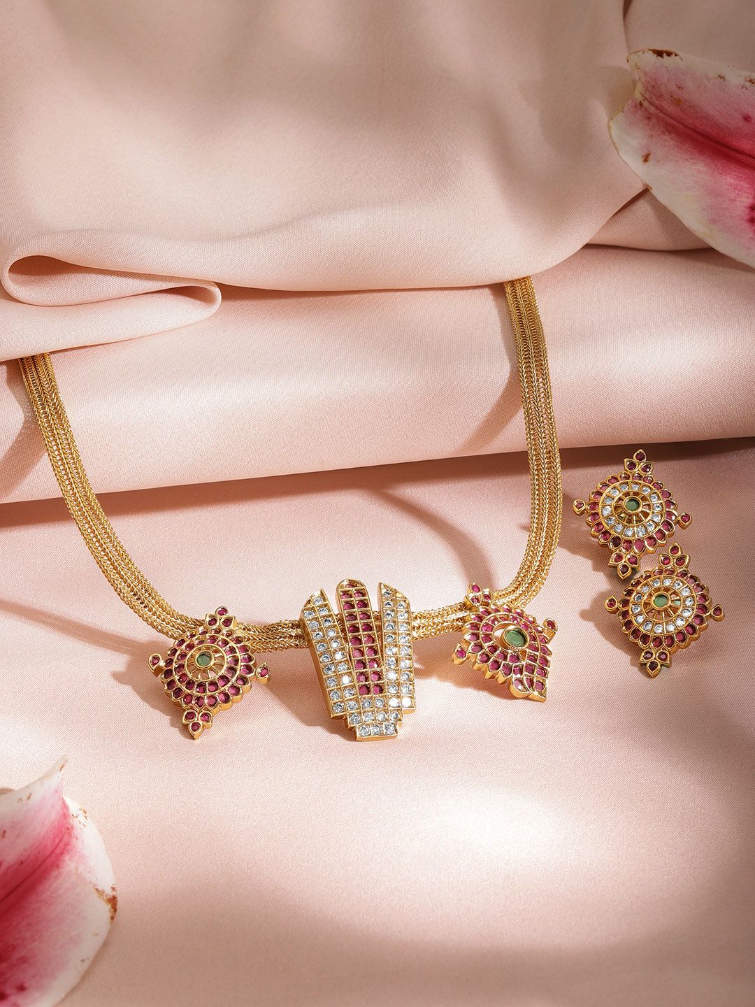 Rubans 22K Gold-Plated Ruby Pink Emerald Green & White Stone Studded Necklace Set