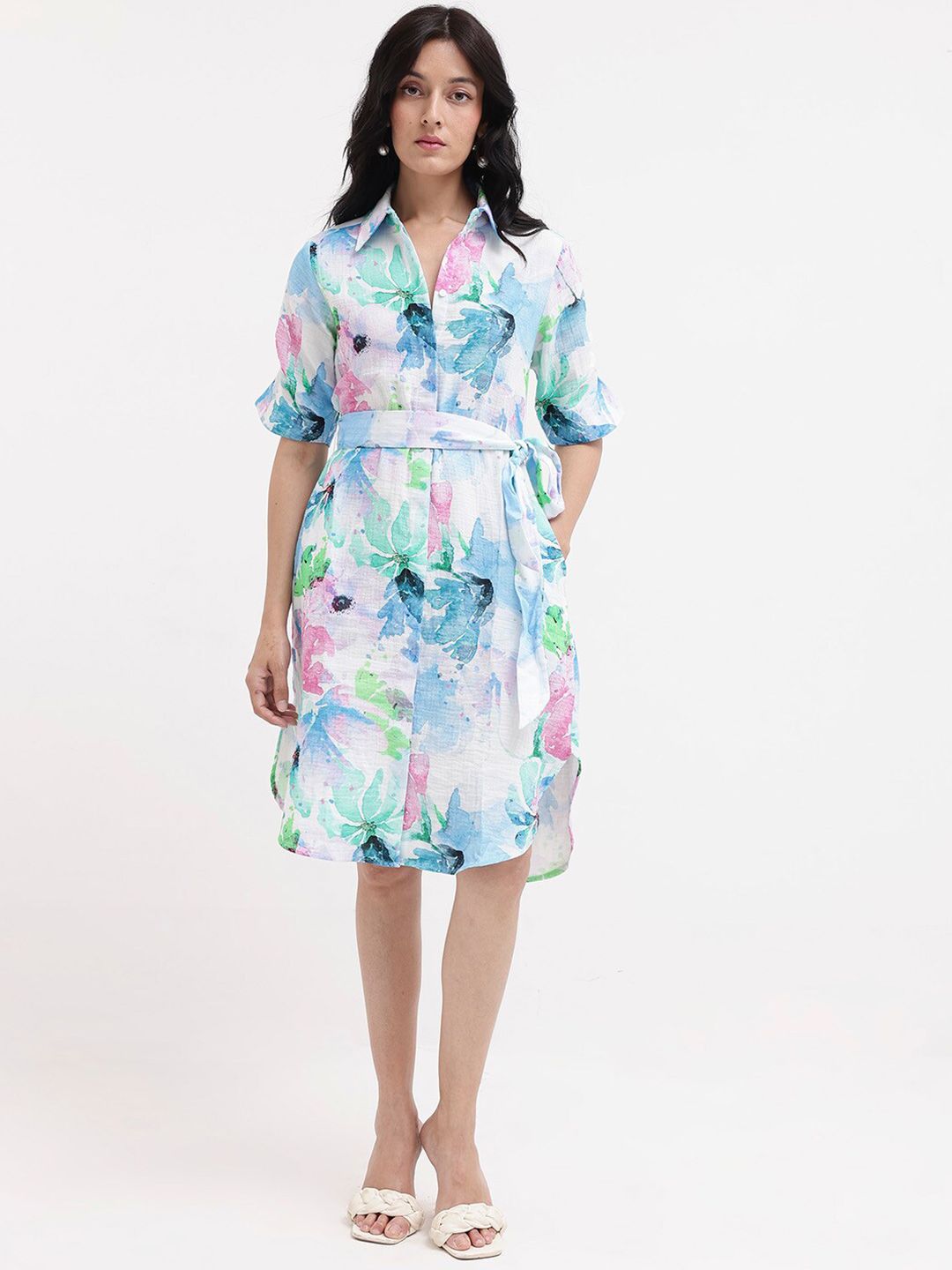 RAREISM Floral Print Knee Length Shirt Dress