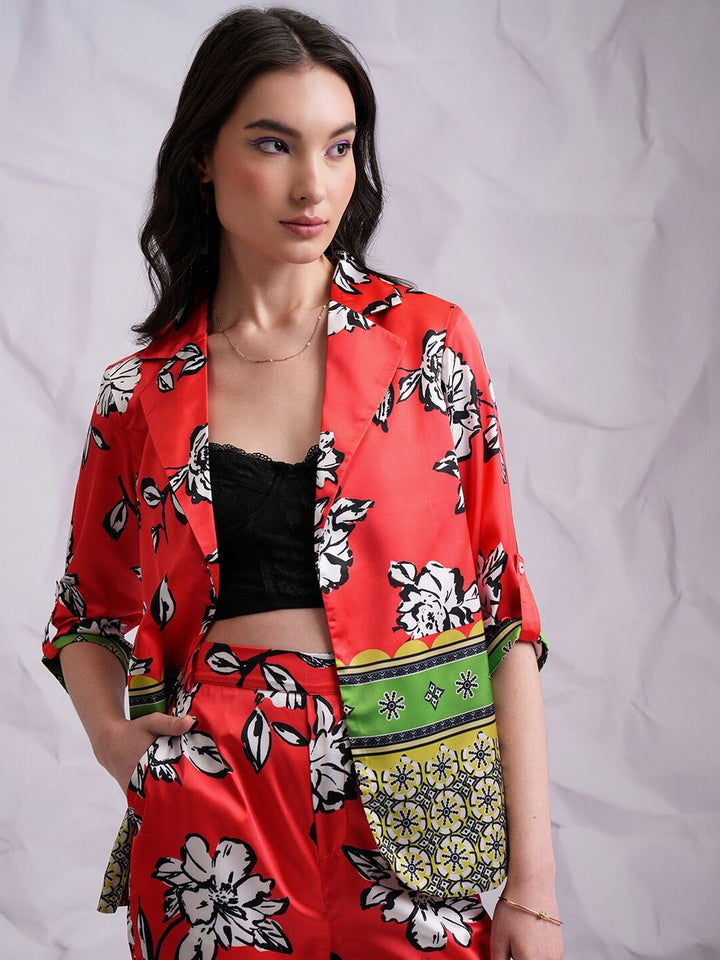 Tokyo Talkies Red Printed Lapel Collar Neck Blazer & Straight Trouser
