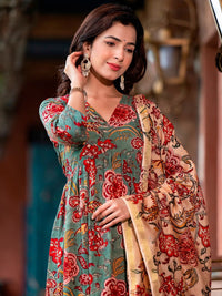 KALINI Floral Printed Empire Kurta with Trousers & Dupatta