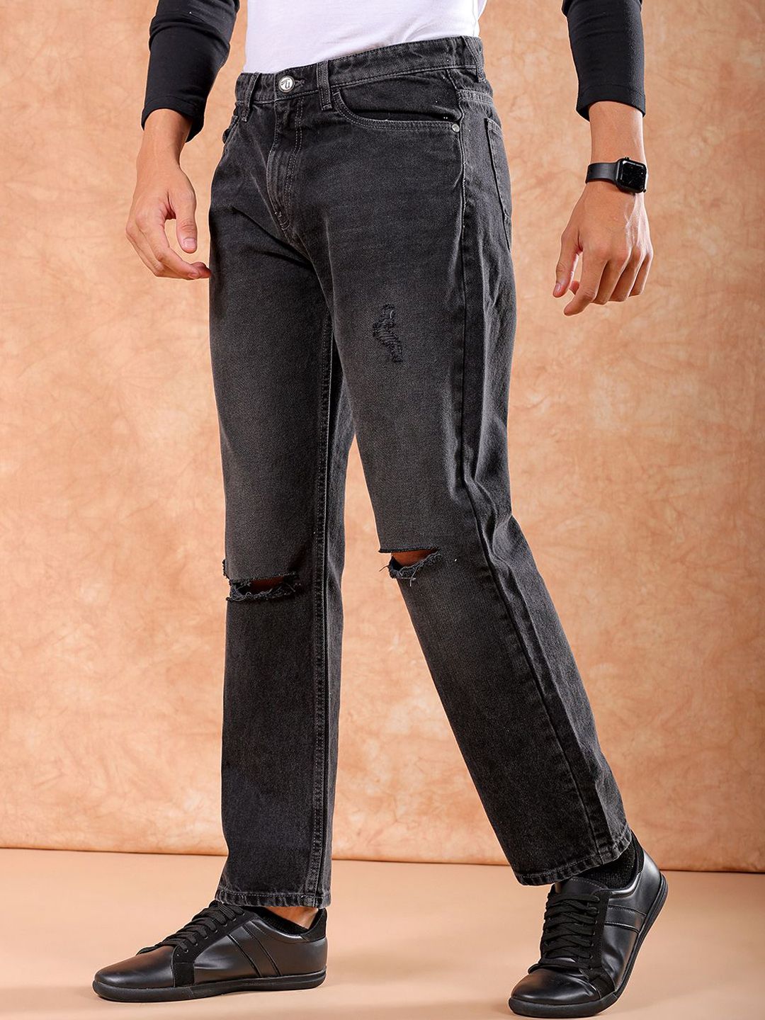 The Indian Garage Co Men Straight Fit Mid Rise Slash Knee Light Fade Pure Cotton Jeans