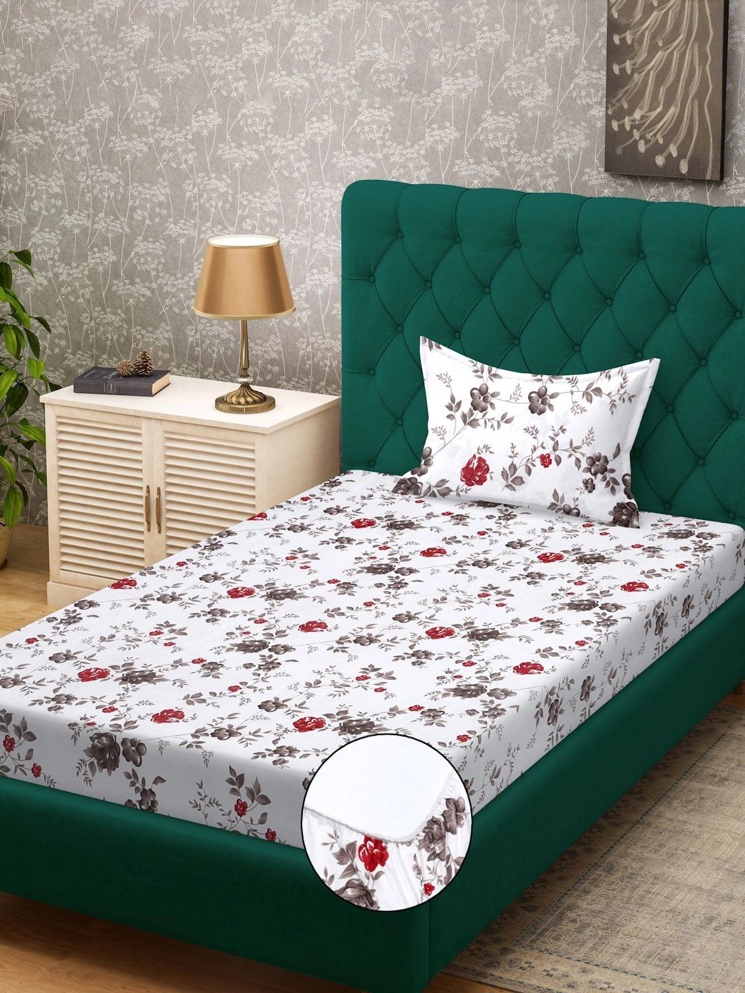 Myntra Elegant Homes White & Red Floral 300 TC Cadar Tempat Tidur Single dengan 1 Sarung Bantal