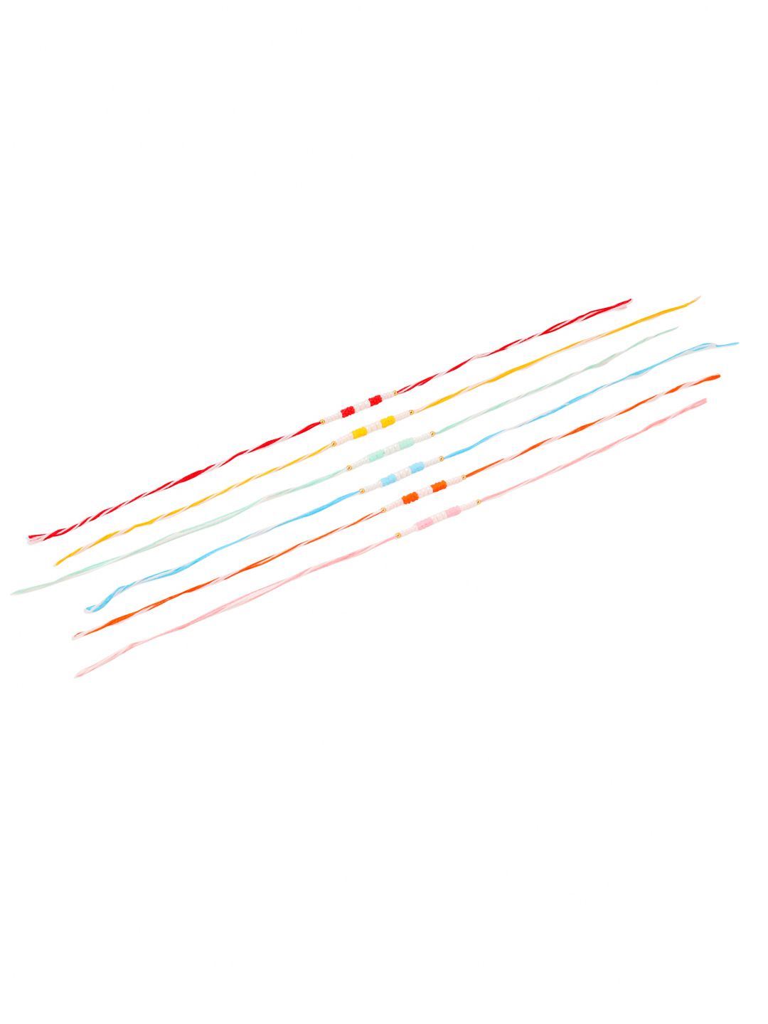 NVR Unisex Set of 6 Multicolor Pearls Thread Rakhi with Roli Chawal, Rakshabandhan Combo