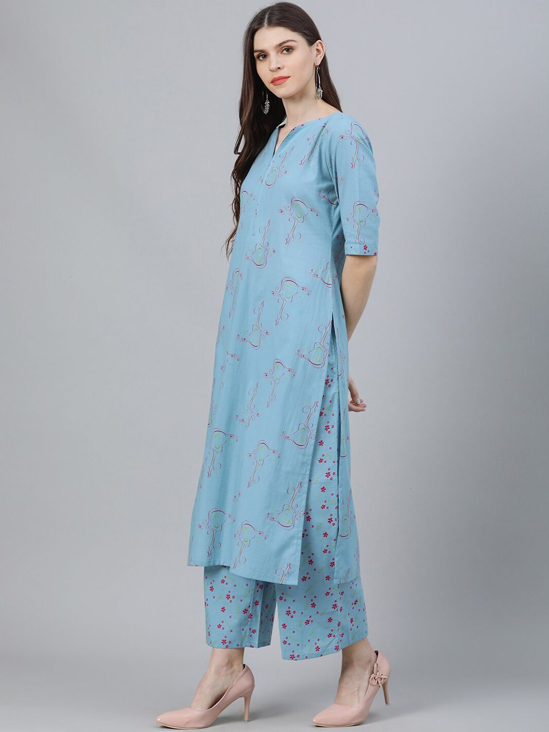 Libas Women Blue Printed Kurta with Palazzos & With Dupatta