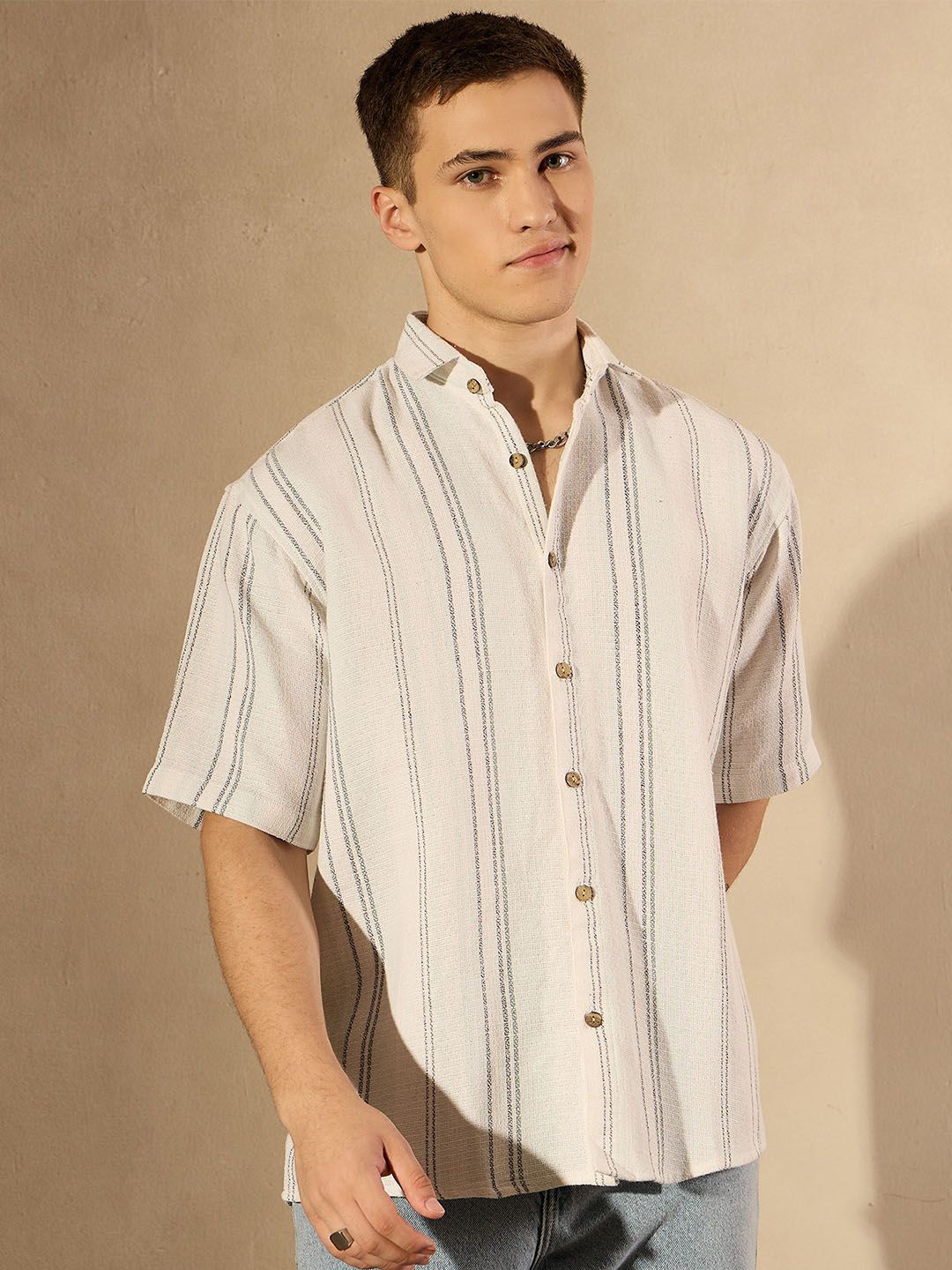 DENNISON Men Striped Drop Shoulder Oversized Cotton Shirt