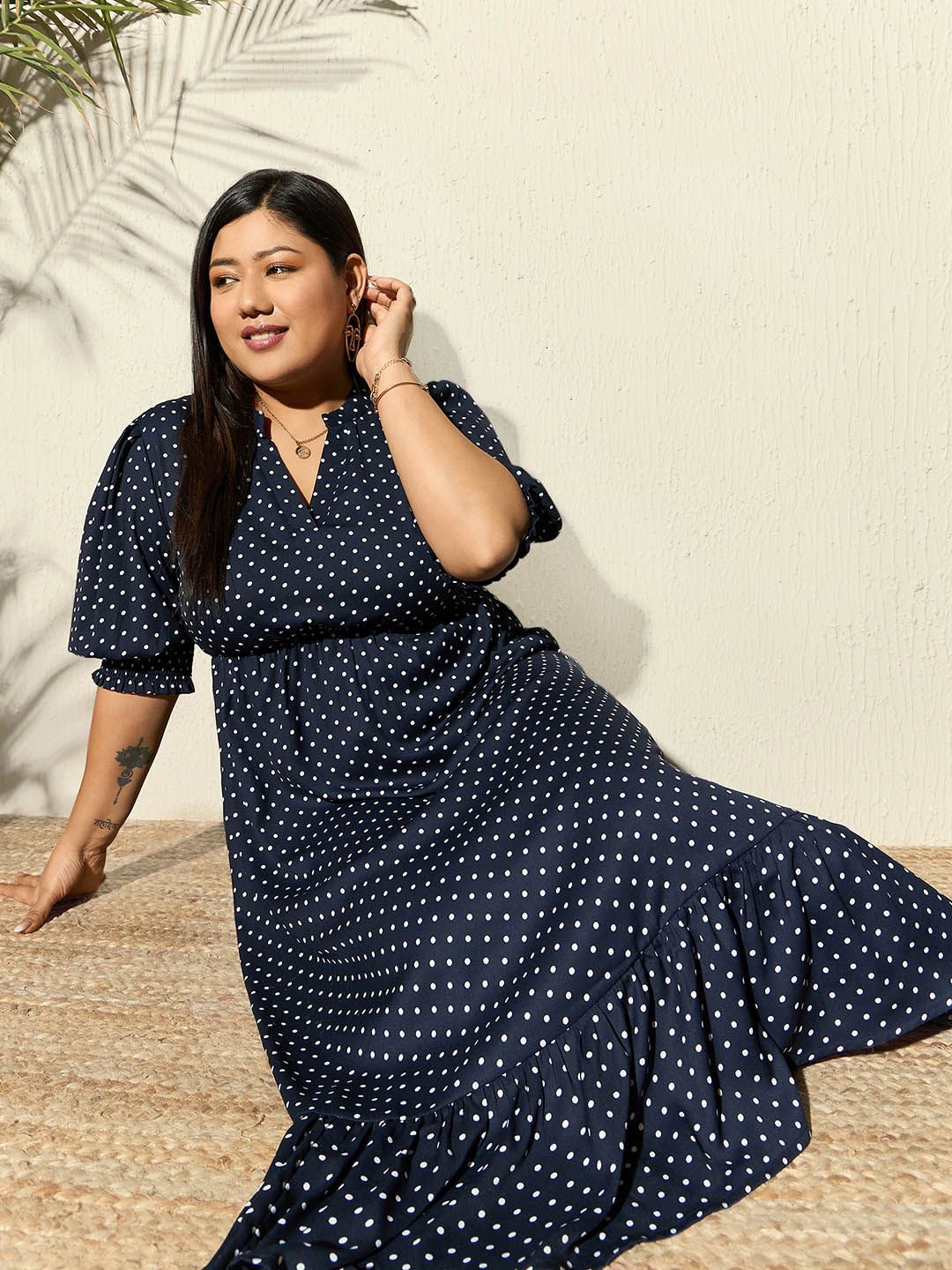 Berrylush Curve Polka Dot Printed A-Line Midi Dress