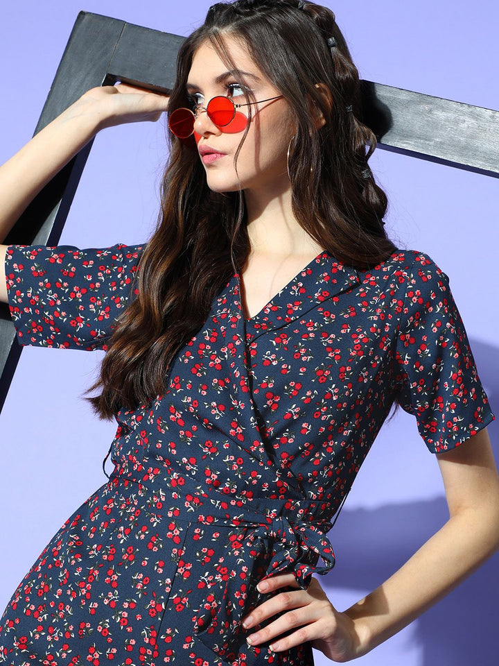 Berrylush Women Navy Blue Printed Wrap it Up Jumpsuit