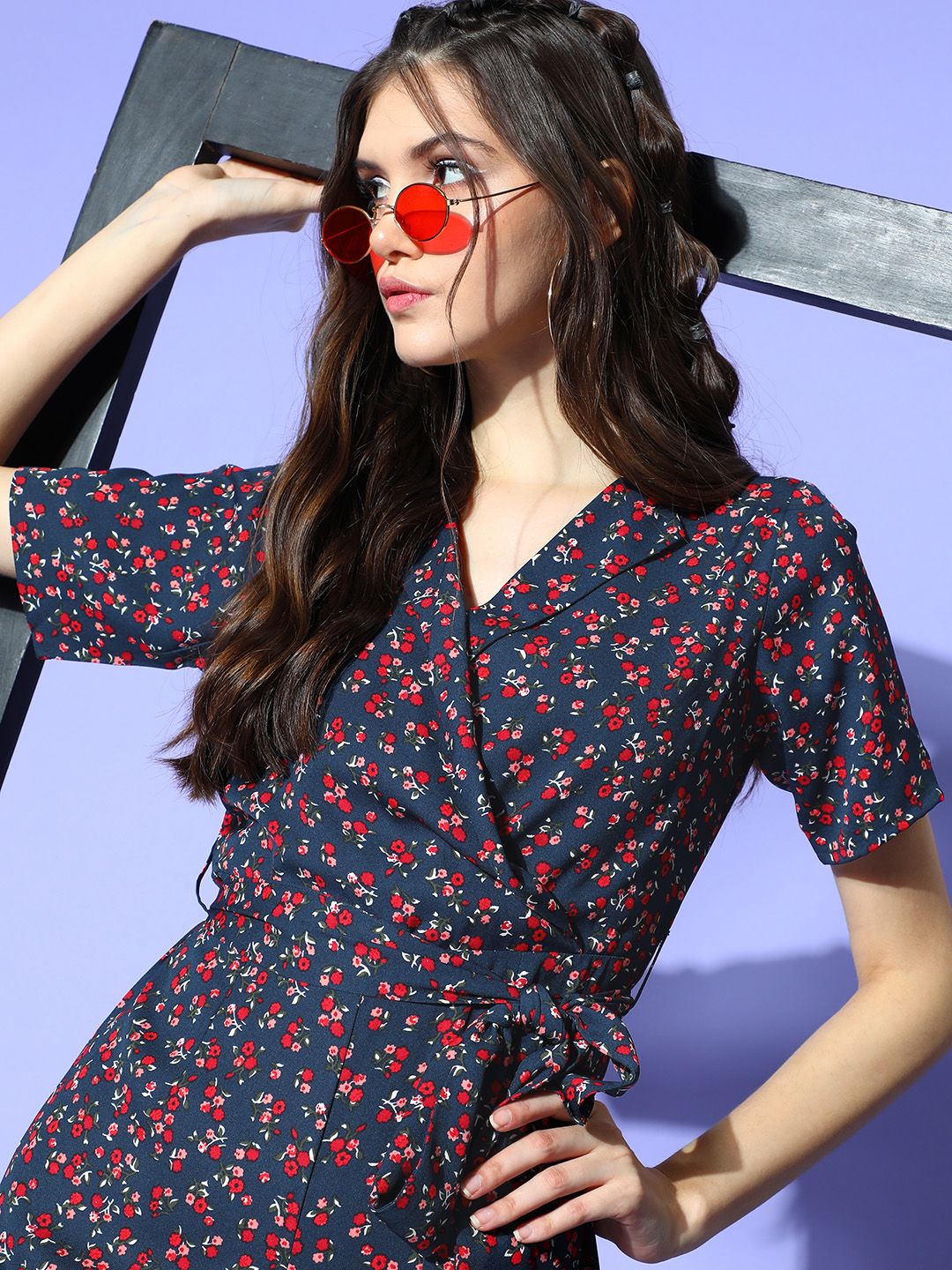 Berrylush Women Navy Blue Printed Wrap it Up Jumpsuit