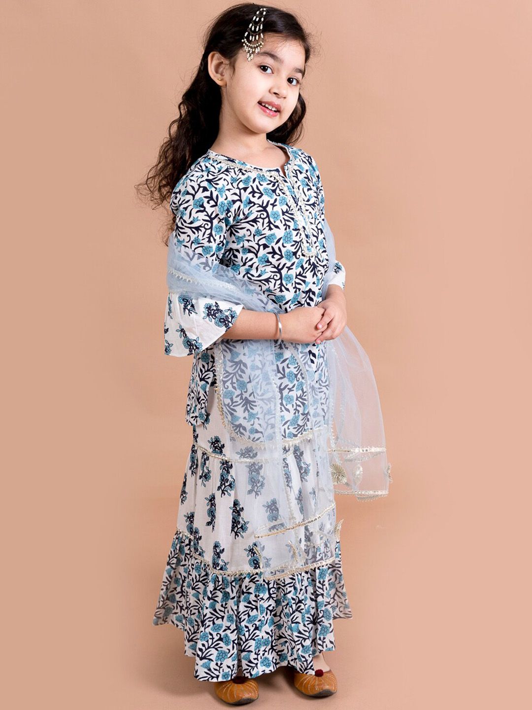 pspeaches Girls Blue Printed Pleated Pure Cotton Kurta with Sharara & Dupatta