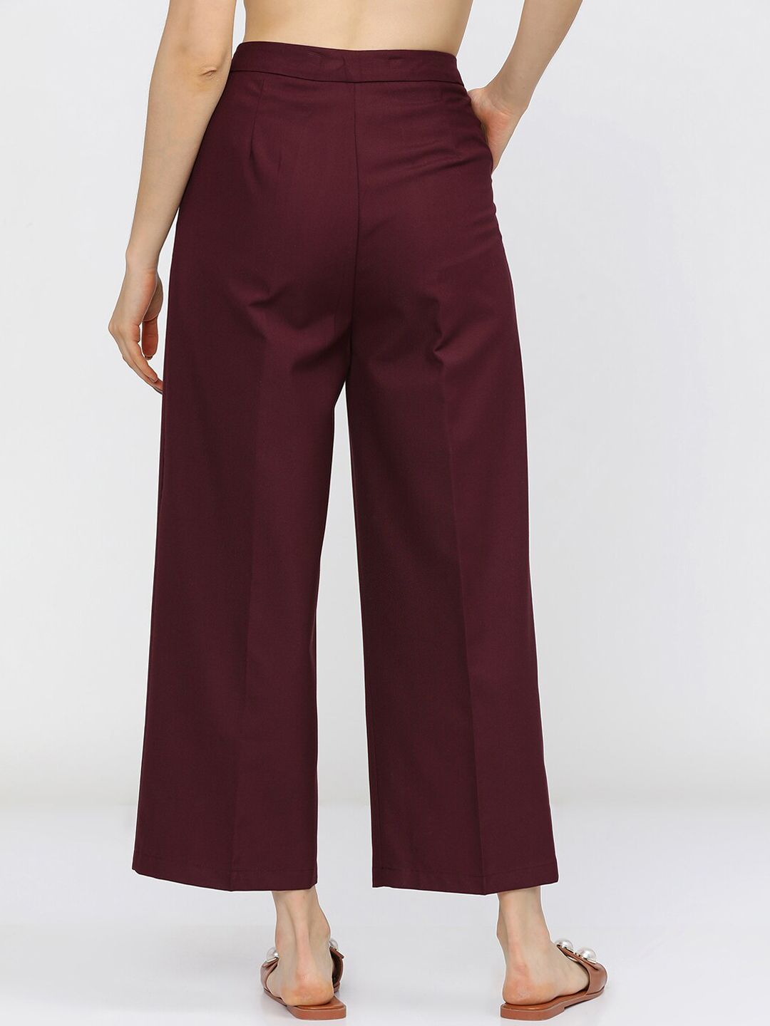 Tokyo Talkies Women Burgundy Flared Pleated Parallel Trousers