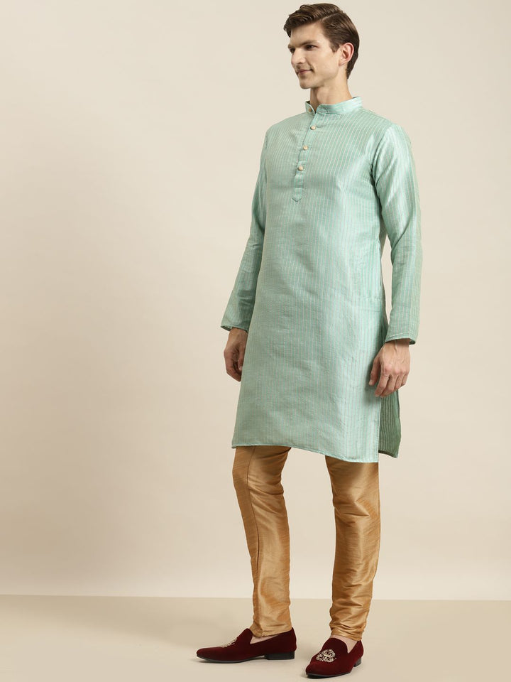 SOJANYA Men Sea Green Striped Kurta with Churidar & Nehru Jacket